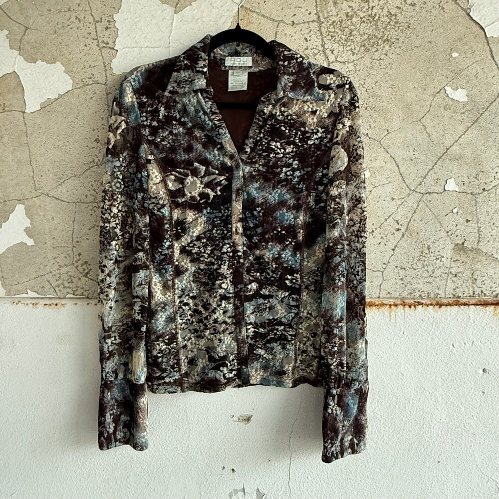 Y2K Burnout Velvet Button Shirt Sparkle Floral FDJ‎ Blouse Brown Blue Small